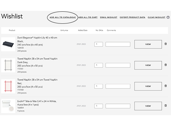 Duni product wishlist for online catalogue